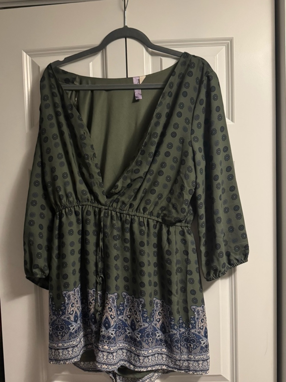 Green Printed V-Neck Boho Romper